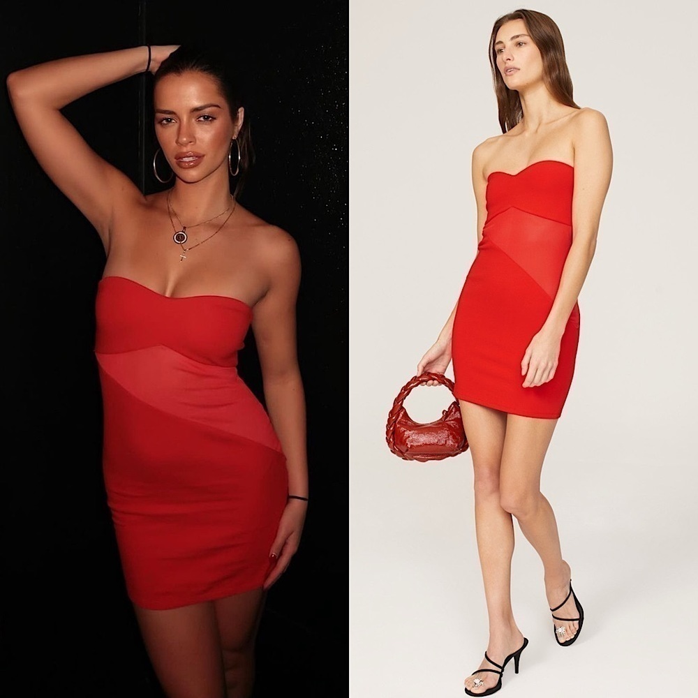 VICTOR GLEMAUD Red Ponte Knit Strapless Sheer Panel Cutout Bodycon Mini Dress M